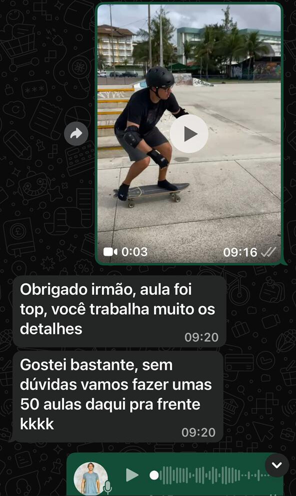 Print de depoimento no WhatsApp sobre aulas e metodologia